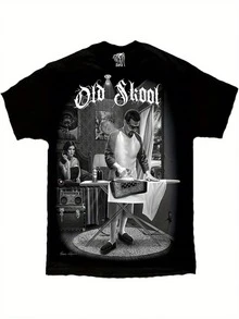 Men'S Vintage Art Graphic-Shirt |   Old School Lowrider Gangsta'S Paradise Design By David Gonzalez DGA, Black Retro Print Urban Streetwear Tee, Breathable Non-Sheer Fabric, Loose Fit S-3, Crew Neck, Regular SleeveCotton Women's And Men's-Shirts - Black - View 1