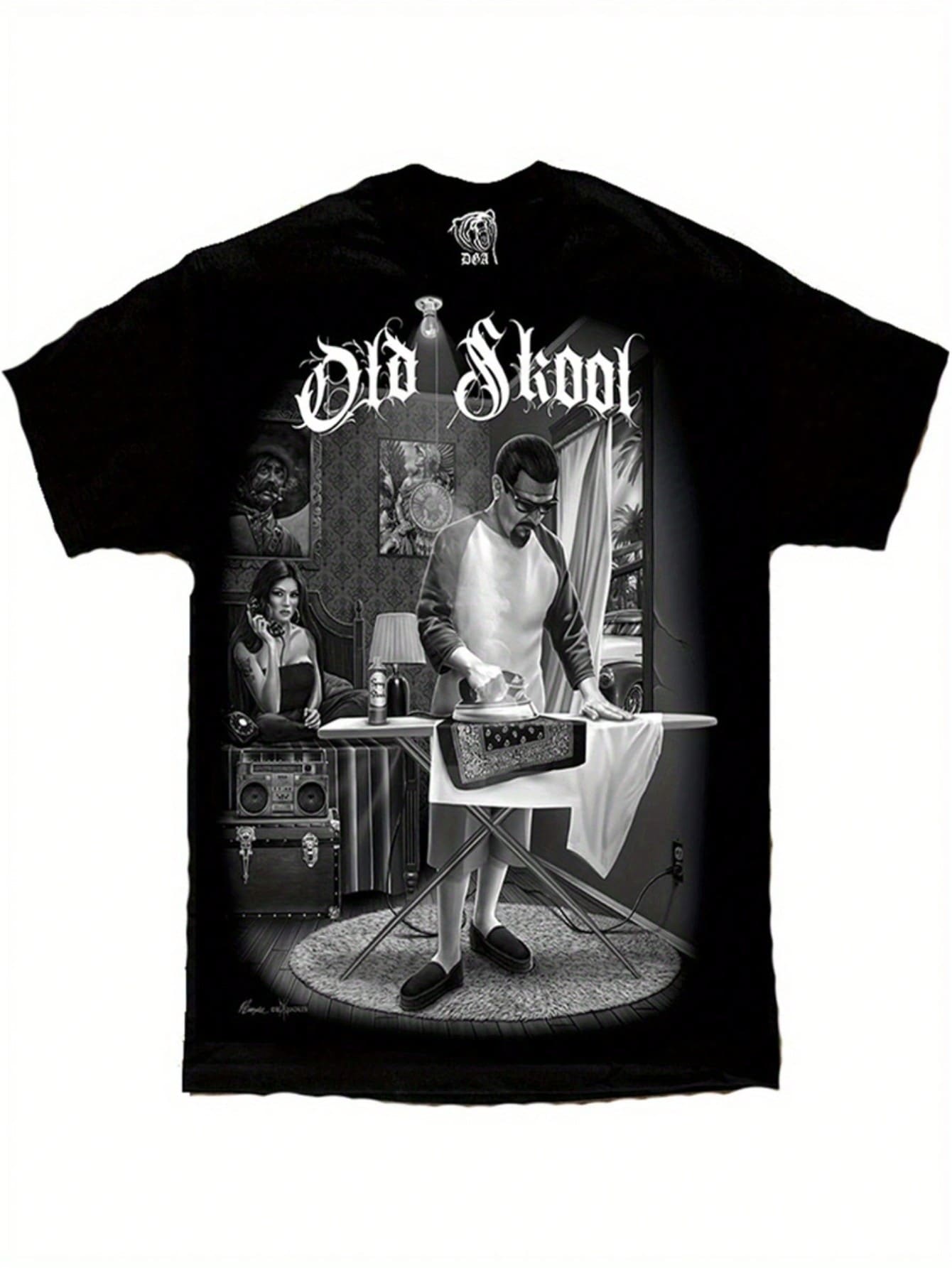 Men'S Vintage Art Graphic-Shirt |   Old School Lowrider Gangsta'S Paradise Design By David Gonzalez DGA, Black Retro Print Urban Streetwear Tee, Breathable Non-Sheer Fabric, Loose Fit S-3, Crew Neck, Regular SleeveCotton Women's And Men's-Shirts - Black - View 1