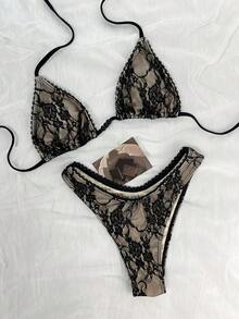 Traje de baño elegante de mujer con cuello halter de encaje negro transparente, adecuado para vacaciones de playa en primavera/verano, actividades junto al mar y atuendos de moda para vacaciones - Multicolor - Ver 4