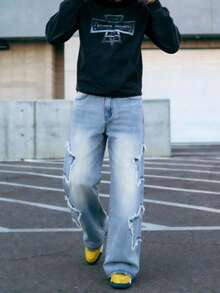 男士休闲宽松水洗做旧牛仔裤，饰有星星刺绣贴片，时尚百搭，适合所有季节 - 淺色水洗藍 - 查看 3