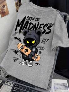 Boys' Skateboard & Cartoon Graphic Round Neck Short Sleeve T-Shirt, Spring/Summer New Arrival - Grey - View 1