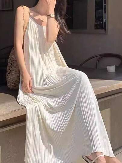 休闲宽松纯色时尚吊带连衣裙 白色