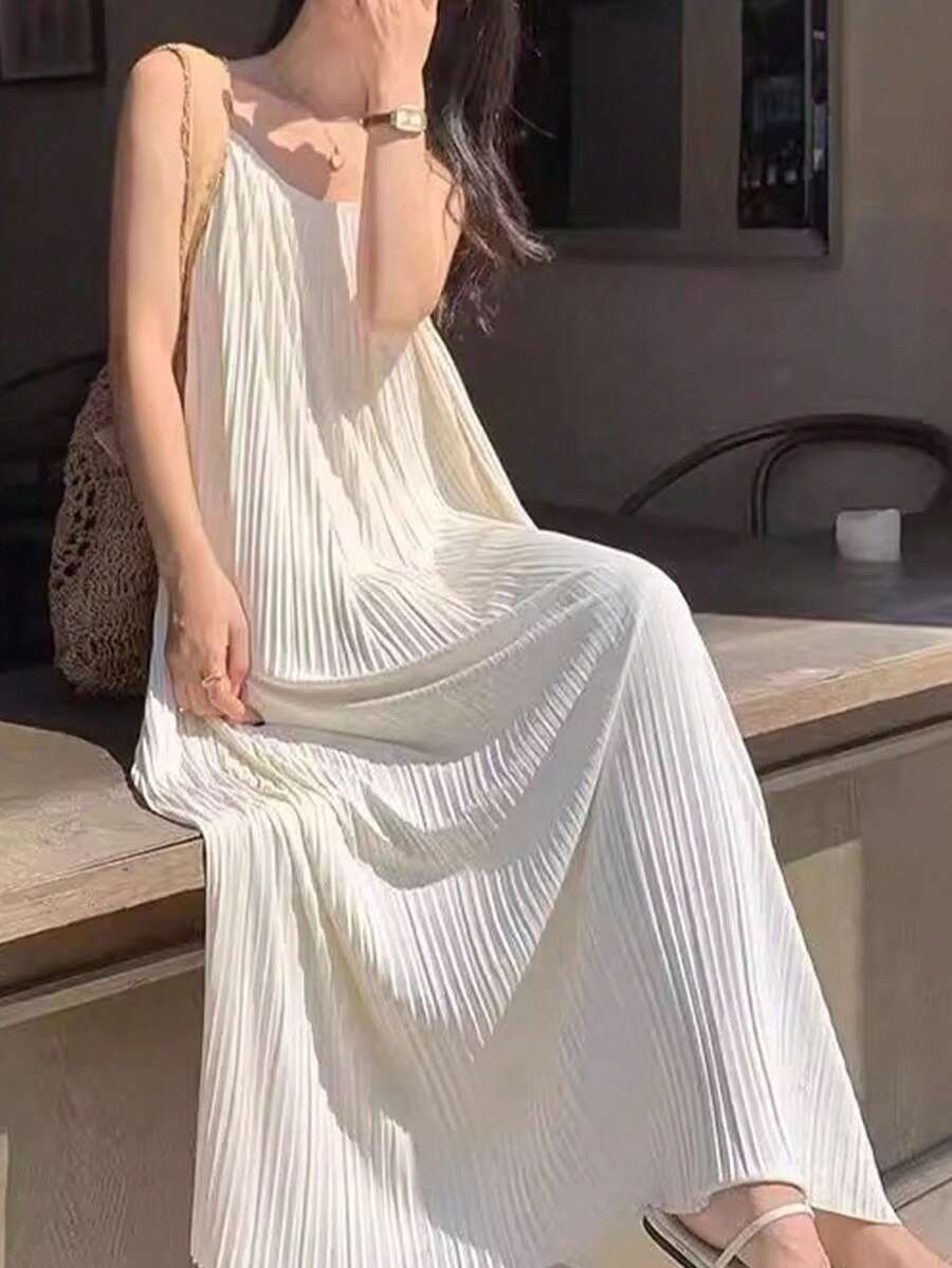 Casual Loose Solid Color Fashion Camisole Dress White Summer - White - View 1