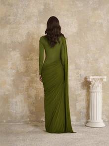 Women's New Fashion Elegant Slim Fit Ruched Ribbon Round Neck Long Sleeve Dress - 綠色(25326) - 查看 6