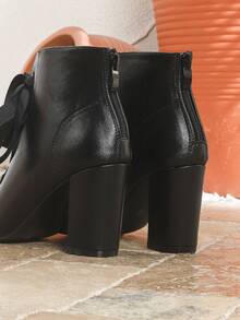 女士粗跟踝靴，黑色镂空圆头高跟系带凉鞋，适合春夏、休闲、派对、度假、户外活动等多种场合，舒适大码粗跟靴 - 黑色 - 查看 8