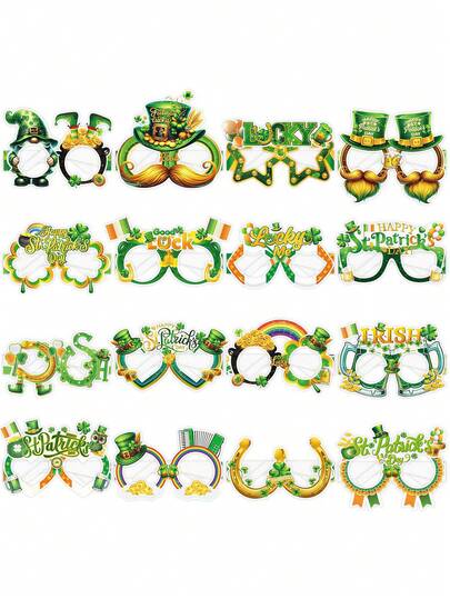 16件套圣帕特里克节配件 - 眼镜、三叶草帽、纸杯、拍照道具，适合作为爱尔兰主题派对礼物，绿色幸运爱尔兰三叶草，小妖精纸眼镜框装饰，完美的圣帕特里克节派对用品