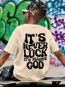 男童极简标语印花圆领短袖T恤，新款春夏青少年男童服装 - 杏色 - 查看 1