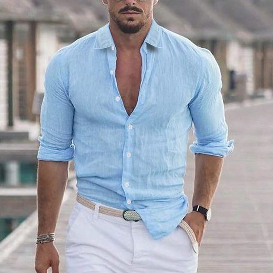 2026 New Men's Summer Cotton-Linen Collared Beach Shirt Long-Sleeve Solid Color Hawaiian Holiday Attire - 淺藍色 - 查看 1