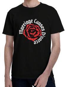 Camiseta Negra para Hombre con Estampado de Rosa Roja y Texto Gráfico - Negro - Ver 1