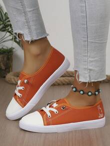 Women White Canvas Sneakers Low Top Lace-Up Canvas Shoes Lightweight Casual Tennis Shoes - Orange - View 3