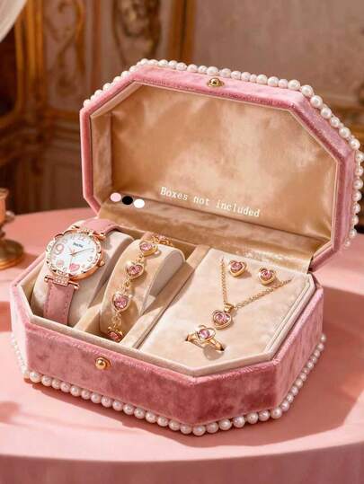 6/5pcs Women's Watch Elegant And Fashionable Round Fireworks Watch Quartz Watch, PU Leather, Paired With Heart-Shaped Necklace, Bracelet, Ring, Earring, Jewelry Set, Suitable For Women's Daily Wear, Vacation, Travel, Party Decoration, Birthday/Festival Gift, Valentine's Day Perfect Gift For Women