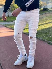 High Street Artistic White Denim Jeans, Men's Slim Fit Distressed Design, Asymmetrical Splatter Paint Accent, Minimalist High Street Y2K , Unique Streetwear Fashion Item - White - View 2