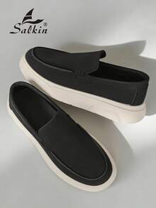 Salkin 男士设计师乐福鞋，柔软绒面革鞋面，套脚款式，圆头设计，莫卡辛鞋，优雅绅士运动鞋，纯色，防滑厚底，适合休闲、约会、派对、节日送礼，春夏秋季皆宜。注意：尺码偏小，建议选购大一码。 - 黑色 - 查看 3