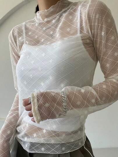 新款流苏花卉蕾丝边网纱长袖T恤