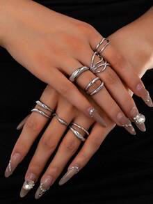 7pcs Gold Metal Thick Ring Set, A Complete Curated Stack Of Minimalist Criss-Cross Rings For Women. The Ultimate Stackable Jewelry Gift For Valentine's Day, New Year & Back To School Style. - 銀色 - 查看 1
