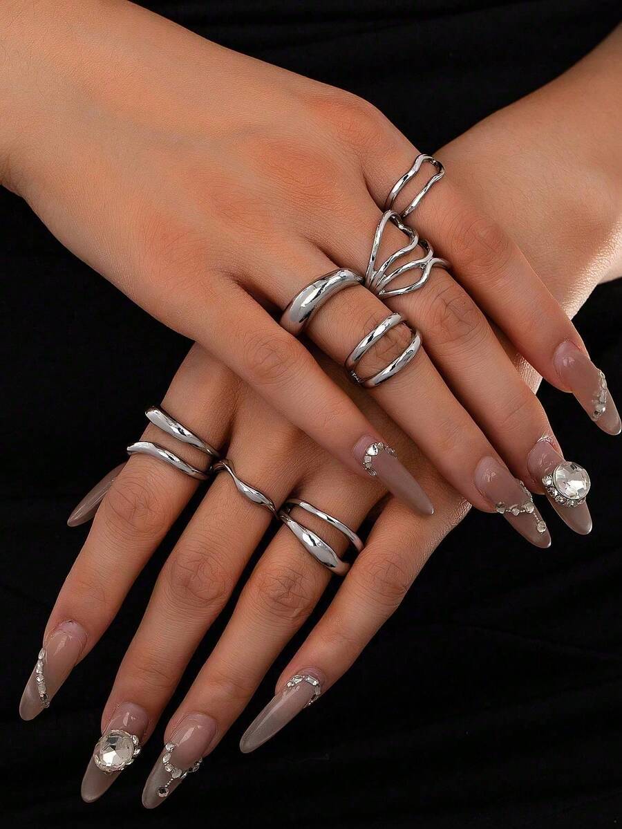 7pcs Gold Metal Thick Ring Set, A Complete Curated Stack Of Minimalist Criss-Cross Rings For Women. The Ultimate Stackable Jewelry Gift For Valentine's Day, New Year & Back To School Style. - 銀色 - 查看 1