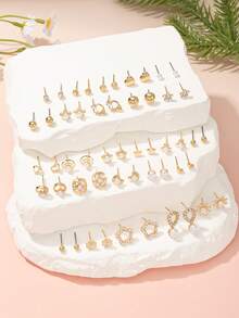 30 Pairs Minimalist Geometric Faux Pearl, Rhinestone, Metal Cute Flower & Star Earrings Set, Suitable For Daily, Party, Casual Wear - Yellow Gold - View 3