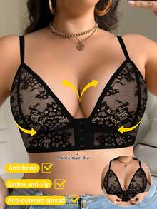 Plus Size Women Floral Front Closure Wireless Bra, Breathable Non-Slip Supportive Seamless Everyday Bra - Black - View 6