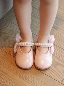 1 Pair New Baby Girls' Pearl Bow PU Hook And Loop Design Princess Style Flat Shoes, Pink, Suitable For Spring/Autumn - Pink - View 6