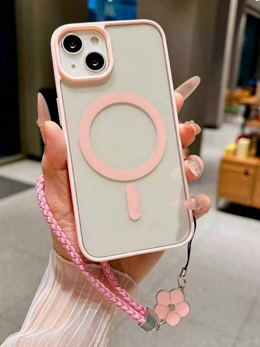 磁吸透明手机壳,兼容 16、15、14、13、12、11 Pro、Plus、Max、Mini、7、8、SE、16e、7P、X、XR、Xs Max 以及 S25 Ultra、S24 Ultra、S23 FE、S22+,防震保护套 - 粉紅色+花掛繩 - 查看 1