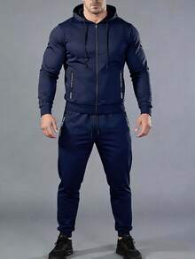 Bộ đồ thể thao nam 2 món gồm áo khoác và quần mỏng có mũ, thích hợp cho hoạt động ngoài trời, du lịch, chạy bộ, tập thể dục, mùa xuân/thu. - Màu xanh hải quân - Xem 4