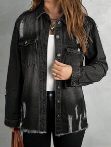 Plus Size Women Casual Distressed Frayed Denim Jacket - Black - View 5