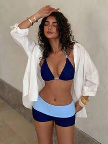 女士比基尼泳衣，复古日常浅蓝色藏蓝色沙滩装/健身裤外套/休闲/Y2K风格/性感西部风女装/波西米亚风/鸡尾酒会/复古/紧身/嘉年华/优雅/老钱/街头时尚/春夏假日度假 - 深藍色 - 查看 4