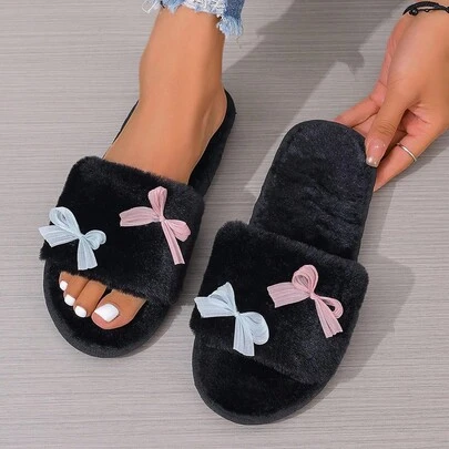 New Women's Plush Slippers, Faux Rabbit Fur Bow Decor Indoor Casual Autumn/Winter House Slide Slippers, Women's Warm Slippers
