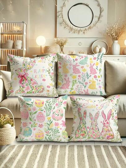 4 件套粉蓝复活节兔子装饰枕套，17.7x17.7 英寸，现代风格，涤纶材质，拉链封口，可机洗，饰有复活节彩蛋和花卉图案，适合春季客厅、卧室、沙发装饰 - 不含枕芯，复活节家居装饰