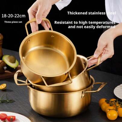 18-22cm Stainless Steel Ramen Pot, Small Cooking Pot, Instant Noodle Pot, Korean Style Ramen Pot, Stainless Steel Ramen Pot With Lid, Dorm Viral Korean Style Golden Mini Hot Pot