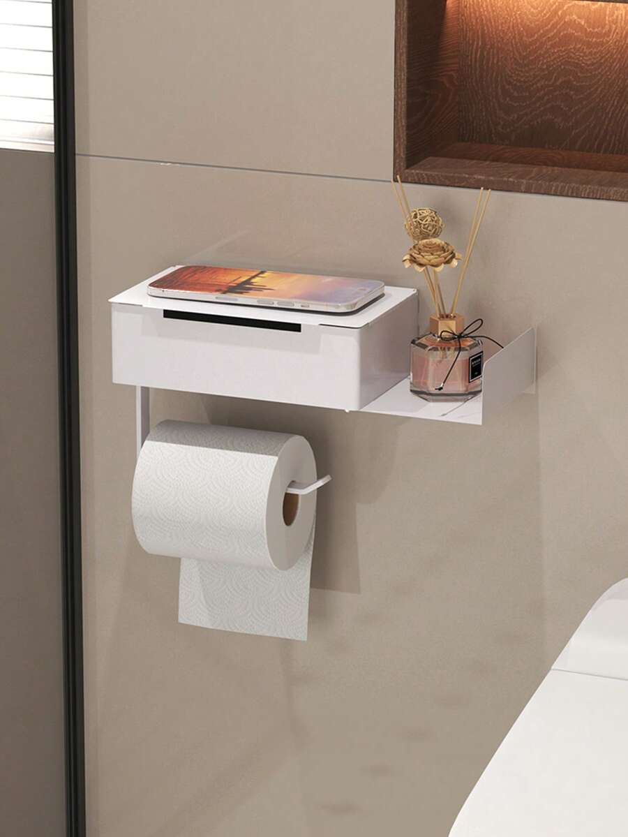 1 Pc Wall Mounted Toilet Paper Holder, White/Black, No-Drill Bathroom Tissue Roll Dispenser, Tissue Box With Phone Holder, Modern Bathroom Accessory Bathroom Accessories Bathroom Tools
