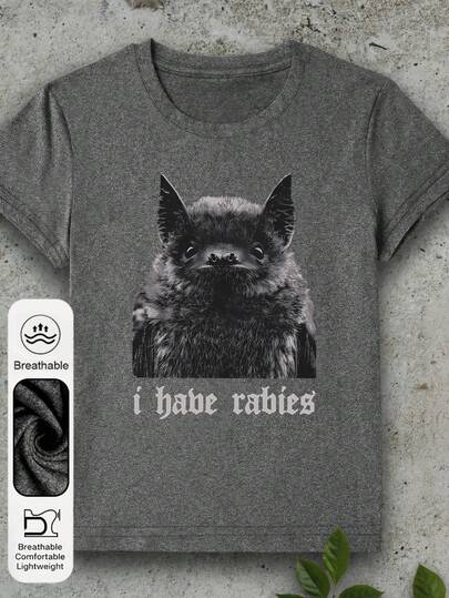 Plus Size Women's Daily Retro-Style Black And White Bat Photos Graphic Crew Neck Short Sleeves Casual Summer Women's Tops ,I Have Rabies Slogan Graphic Women's Dark Gray T-Shirt