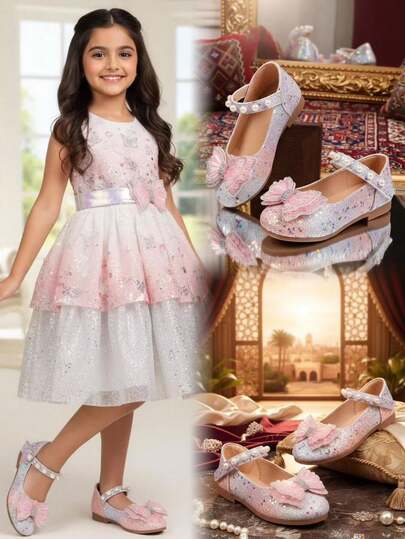 1双闪亮渐变粉色公主鞋，女童款，饰有水钻蝴蝶结和珍珠，柔软PU鞋底，圆头设计，舒适内衬，适合表演、派对、舞蹈和日常穿着，适合3-12岁儿童，2026年春秋新款