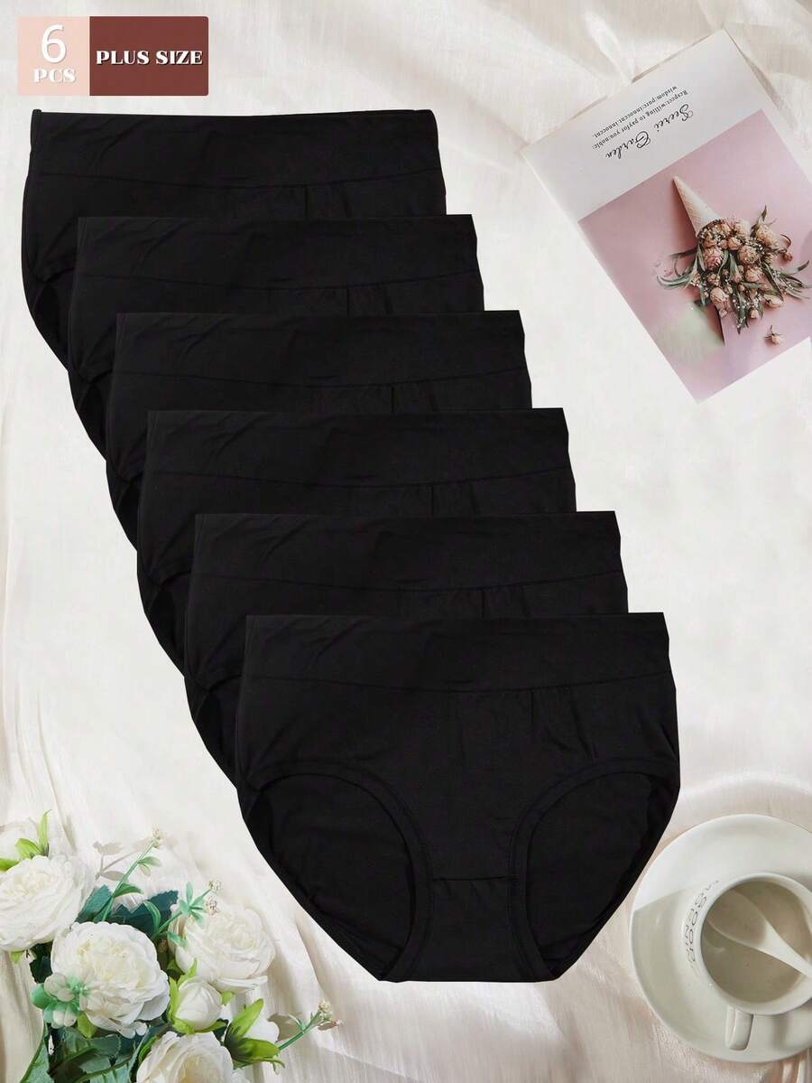 6pcs/Pack Plus Size Women's High Waist Solid Color Elastic Comfortable Briefs - Multicolor - View 1