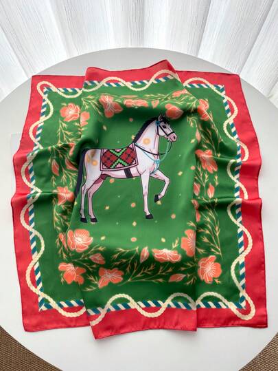 1pc Spring/Summer New European & American Fashion High-End Floral Animal Print Faux Silk 65*65cm Square Scarf, Lightweight Versatile Neck Scarf/Headscarf/Bandana For Women, Suitable For Outdoor, Riding, Dating, Travel, Street Dance, Live Streaming, Photography