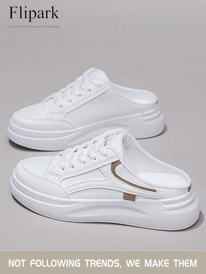 Flipark 1双女士休闲鞋，厚底，卡其色拼接装饰，全白+卡其色拼接皮革鞋面，透气低帮套脚运动鞋，适合通勤和户外活动穿着