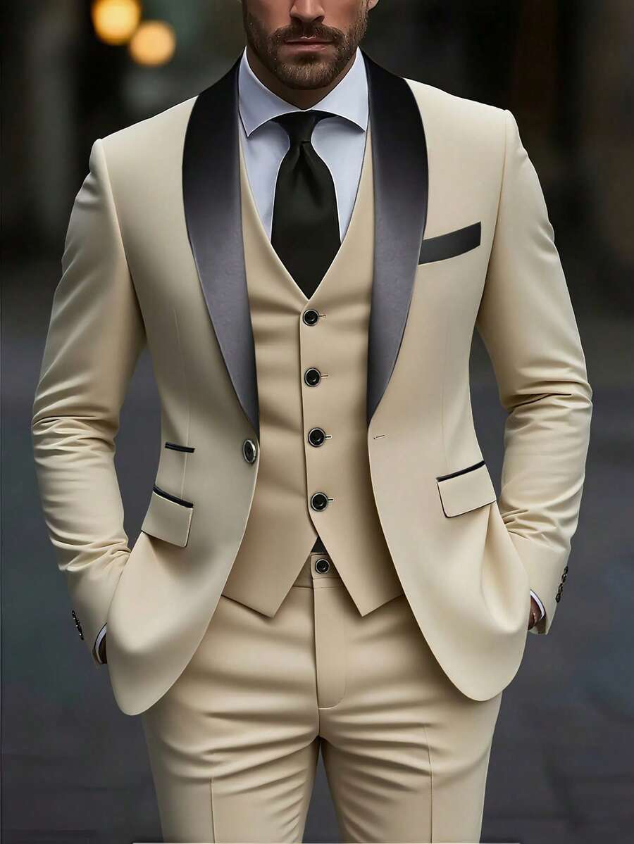 Men's 3-Piece Suit, Suit Jacket + Vest + Trousers, Business Casual, Stylish And Elegant, High-Quality Men's Suit, Suitable For Weddings, Business, Parties - 卡其色 - 查看 1