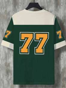 男士夏季时尚街头风 T 恤，休闲圆领短袖上衣，3D 数字印花 - 黑色配橙色 77 - 軍綠色 - 查看 2