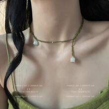 Mori Super Fairy Crystal Lily Of The Valley Necklace Female Retro Green Beaded Niche Design Collarbone Chain Gentle Neck Chain Pendant - vòng cổ hạt cườm hình hoa linh lan xanh - Xem 2