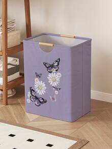 1pc Butterfly Pattern Printed Open-Top Storage Box, Foldable Storage Laundry Basket Bag With Wooden Handle, Home Bathroom Collapsible Dirty Clothes Hamper - Multicolor - View 9