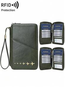 MIYIN 1 pieza Cartera de pasaporte con bloqueo RFID con patrón de avión creativo y bolsa con cremallera, apta para tarjetas de crédito/identificación/dinero en efectivo/pasaportes/vuelos/tarjetas bancarias, cartera de pasaporte multifuncional con cremallera para viajes, adecuada para hombres y mujeres, esencial para viajes, bolsa de viaje ligera, bolsa de equipaje, bolsa de lona, bolsa de noche, organizador de viaje de gran capacidad y durable, esencial para cruceros, vacaciones y viajes para hombres y mujeres - Verde Oscuro - Ver 9