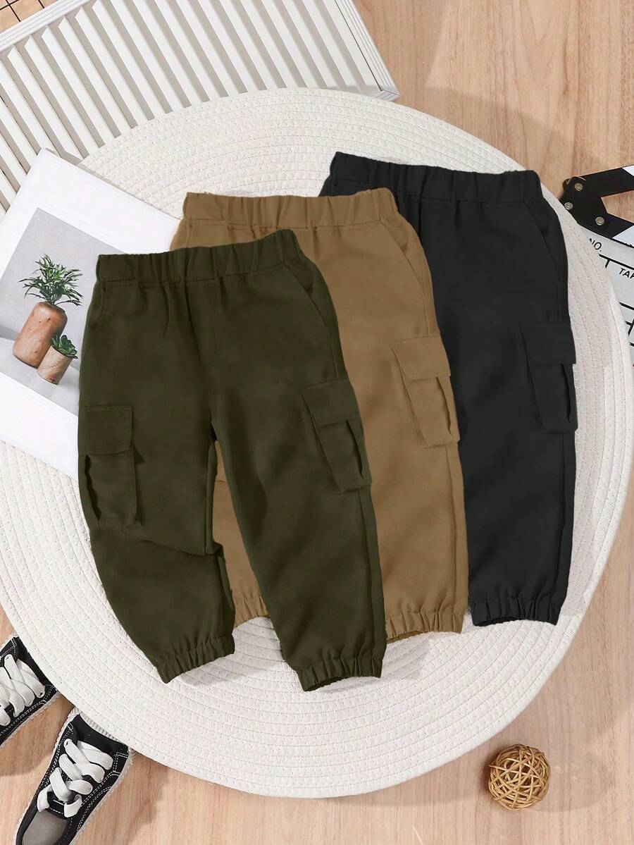 3pcs Toddler Boys' Fashionable Casual Versatile Comfortable Straight Leg Multi-Pocket Jogger Pants - Multicolor - View 1