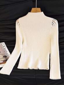 Women's Elegant Transparent Glass Fiber Turtleneck Pullover, Fashionable Casual Fitted Knit Base Layer, Versatile For Spring/Summer - White - View 3