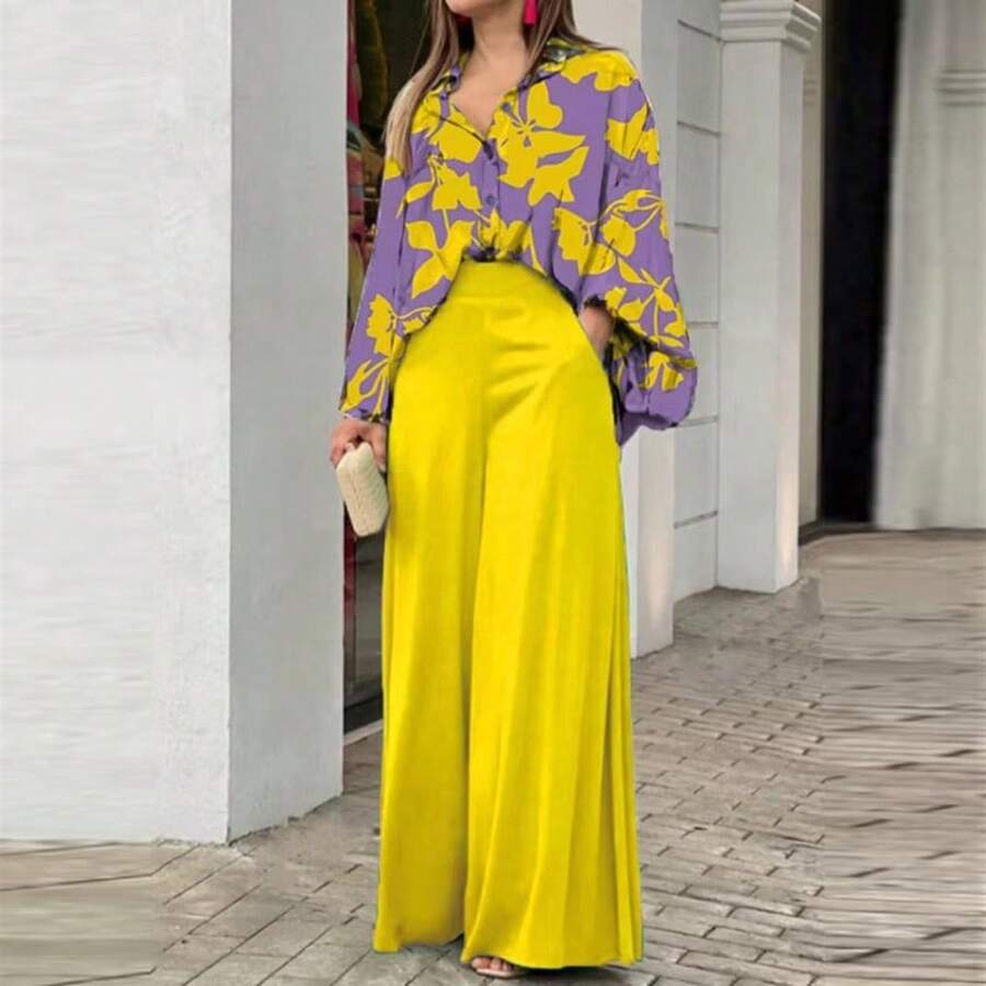 2026 Spring European And American Women's Clothing Loose Casual Elegant Suit Printed Shirt Top Wide Leg Pants Suit Women - Màu vàng - Xem 1