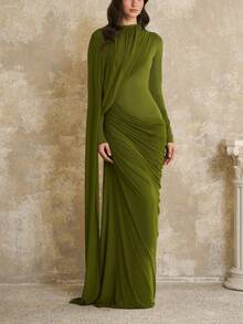 Women's New Fashion Elegant Slim Fit Ruched Ribbon Round Neck Long Sleeve Dress - 綠色(25326) - 查看 3