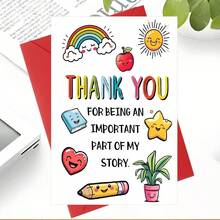 Happy Thank You Teacher Card With Envelope -Vibrant Cartoon Design Featuring Rainbow, Apple And Smiling Face, Daycare OrcareYear-End Gift - Multicolor - View 2