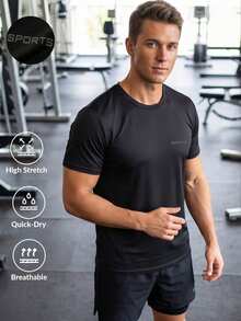 男士运动T恤，速干弹力休闲健身纯色短袖上衣，跑步 - 黑色 - 查看 2