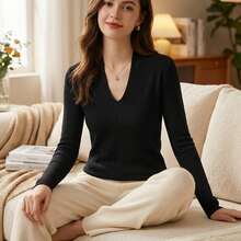 Women'S V-Neck Skinny Top | Lightweight, Stretchy, Fit, Solid Color For Fall/Winter - Black 1 - 查看 1