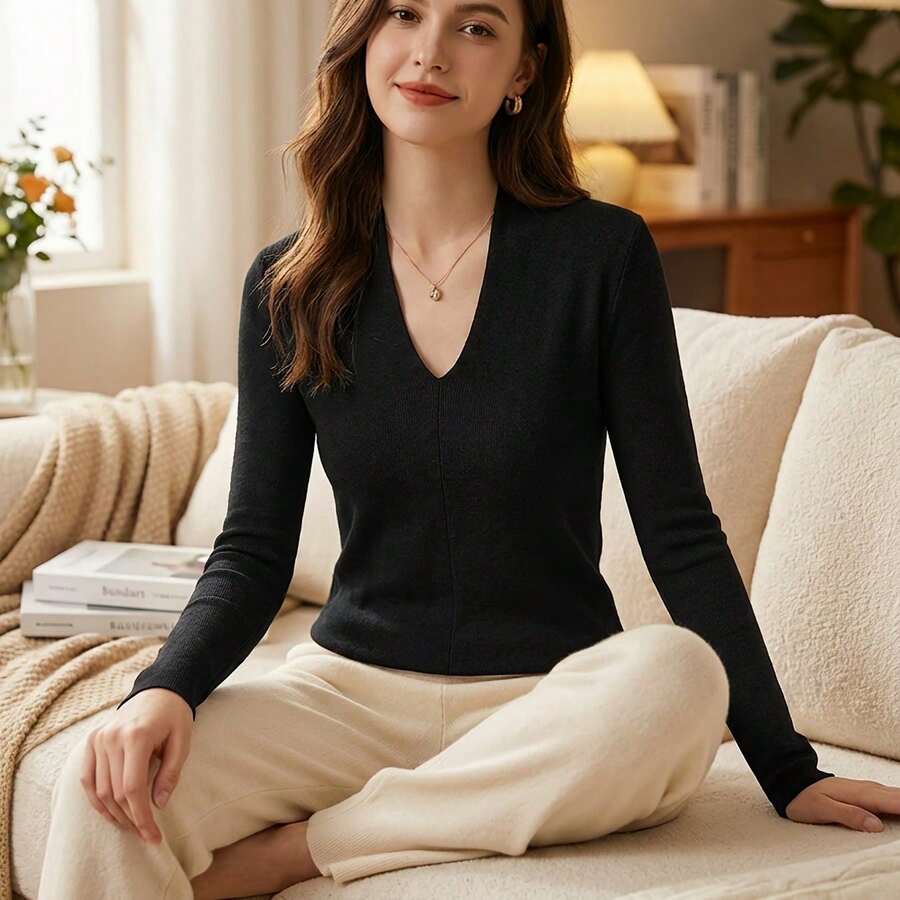 Women'S V-Neck Skinny Top | Lightweight, Stretchy, Fit, Solid Color For Fall/Winter - Black 1 - 查看 1