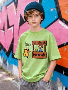 Camiseta de manga corta tipo polo informal y holgada con gráficos de pato de dibujos animados y vendedor callejero para adolescentes varones - Regalo perfecto para verano, escuela, viajes, fiestas y actividades al aire libre - Verde - Ver 7